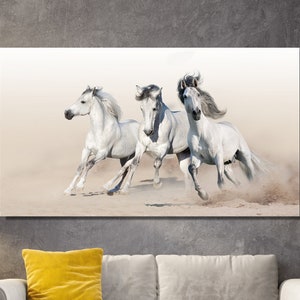 Running Horses Canvas Wall Art, Strong White Horses Print Poster - Colourful Print Canvas Decor Home Art- Noble Horses CANVAS Painting
