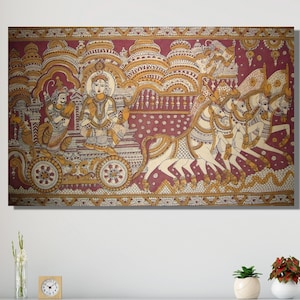 Krishna with Arjun Indian Canvas Art / Rolled Madhubani Canvas Painting, Religious Canvas Art Roll, Indian Home Decor  CANVAS