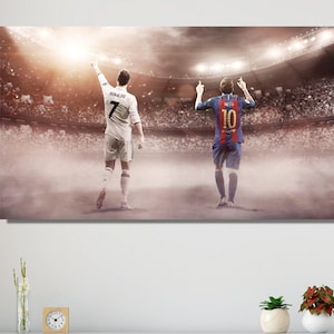 Ronaldo and Messi Wall Art, Soccer Legends Canvas, Football Stadium Print, Modern Sports Wall Decor, Gift for Soccer Fans