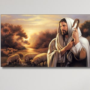 Jesus Christ with Sheeps Canvas Wall Art, Jesus Poster Print Wall Desing, Love of Jesus Christ Modern Home Decor Art, Christian CANVAS