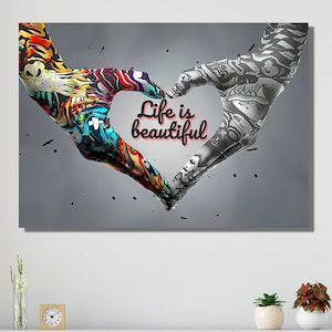 Heart Sign Hands Wall Art Print, Graffiti Life İs Beautiful Canvas Painting, Pop Art Banksy Love Sign Poster Wall Decor, Canvas Art