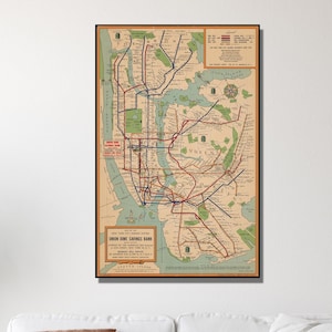 Affiche de plan du métro de la vieille ville de New York - Déco murale artistique historique des transports en commun de New York - Impression poster ou toile