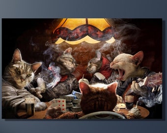 Cats With Playing Cards Canvas Wall Art, Cats Poster Wall Art, Animal Print, Gift for Her, Custom Wall Hanging, Game Room Wall Desing Art