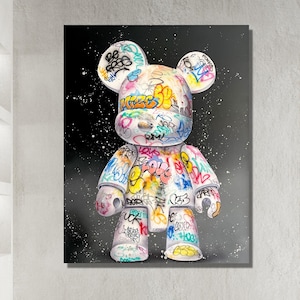 Arte murale su tela colorata Banksy Bearbrick, tela graffiti Bear Banksy, stampa poster Bearbrick colorataTela per soggiorno