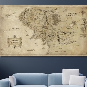 Karte fürs Wohnzimmer, Mittelerde Karte, Vintage Karte Drucken, Dekoration, Leinwand Wandkunst, Wandkunst mit Rahmen, Karte Leinwand, alte Karte Poster,