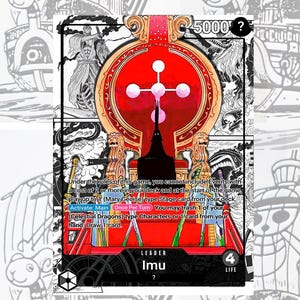 Puede incluir: Una carta coleccionable de One Piece con un diseño central rojo y detalles blancos, que muestra el texto "Imu". La carta tiene un borde negro e incluye el número "5000" y otro texto del juego. El fondo presenta una ilustración en blanco y negro.