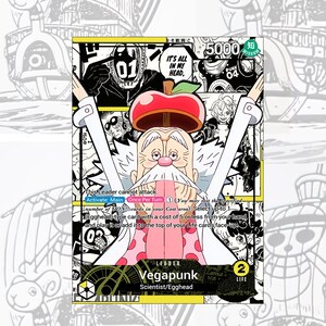 May include: A trading card featuring Vegapunk, a scientist from the anime series One Piece. The card has a white background with a black and white illustration of a ship. The card's main image is of an older man with a large apple on his head. The text "IT'S ALL IN MY HEAD" is visible.