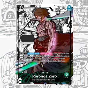 Puede incluir: Una tarjeta coleccionable con Roronoa Zoro de la tripulación Supernovas/Sombrero de Paja. La tarjeta muestra a Zoro en una pose dinámica, con texto que incluye "5000 SLASH" e instrucciones del juego. El fondo presenta una ilustración de un barco.