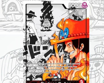 May include: A trading card featuring Portgas D. Ace from the Whitebeard Pirates. The card has a vibrant illustration of Ace in an orange hat, with text that includes "Leader" and "5 Life". The background has manga-style art.