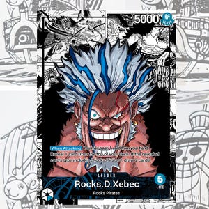 May include: A One Piece trading card featuring the character Rocks D. Xebec with spiky blue and white hair, a wide grin, and a scar over his left eye. The card displays the text Rocks D. Xebec, Leader, 5000 power, 5 life, and game instructions.