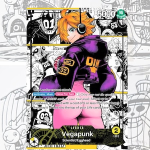 May include: A trading card featuring a character with orange hair, wearing a purple jacket and pink pants. The card has text that reads "Vegapunk" and "Scientist/Egghead". The background is a black and white illustration.