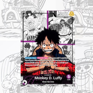 Peut inclure: Carte de collection avec Monkey D. Luffy de l'équipage du Chapeau de Paille. L'illustration vibrante de Luffy en action, avec le texte "GEARS 5" et "5000 STRIKE". La carte comprend également des instructions de jeu.