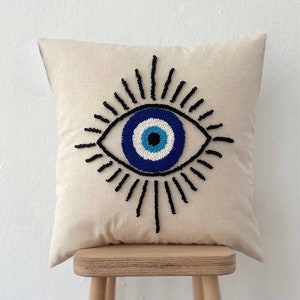 Handmade Evil Eye Punch Embroidered Linen Cushion Cover,Evil Eye Punch Pillow Cover,Evil Eye Cushion Cover with Evil Eye Design Throw Pillow