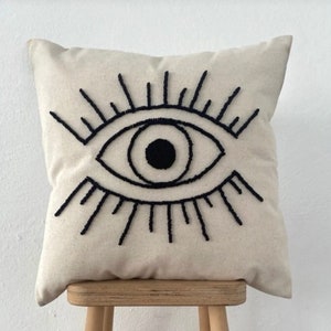 Handmade Black Eye Punch Embroidered Pillow Cover,Evil Eye Punch Pillow Cover,Evil Eye Cushion Cover with Evil Eye Design Throw Pillow