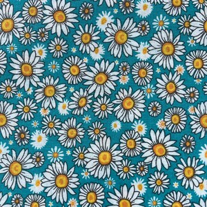 Gros plan du motif : fond turquoise, marguerites blanches dont le centre est jaune pollen.