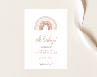 Rosa Regenbogen 13x18 Babyparty-Einladung | Bearbeitbare Babypartyeinladungsvorlage | Baby-Dusche-Einladung