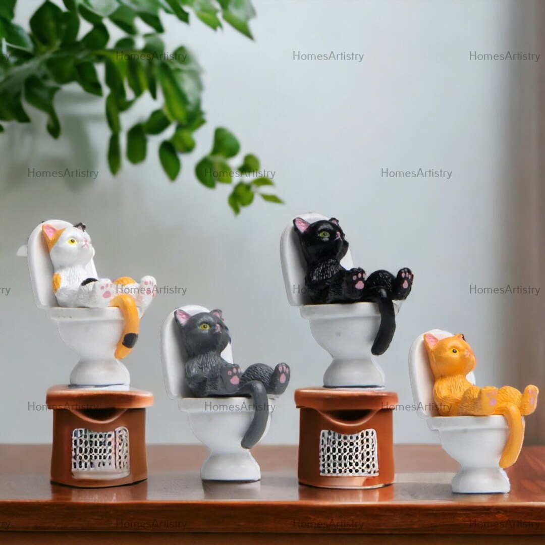Miniature Funny Cat Figurines Funny Cat Sitting on Toilet Etsy UK