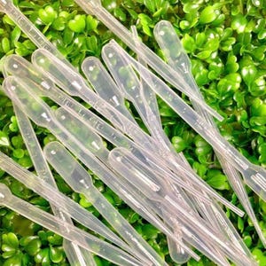 May include: A collection of clear plastic pipettes, each with a bulb at one end and a graduated stem. The pipettes are scattered across a bed of green foliage, creating a contrast of textures and colors.