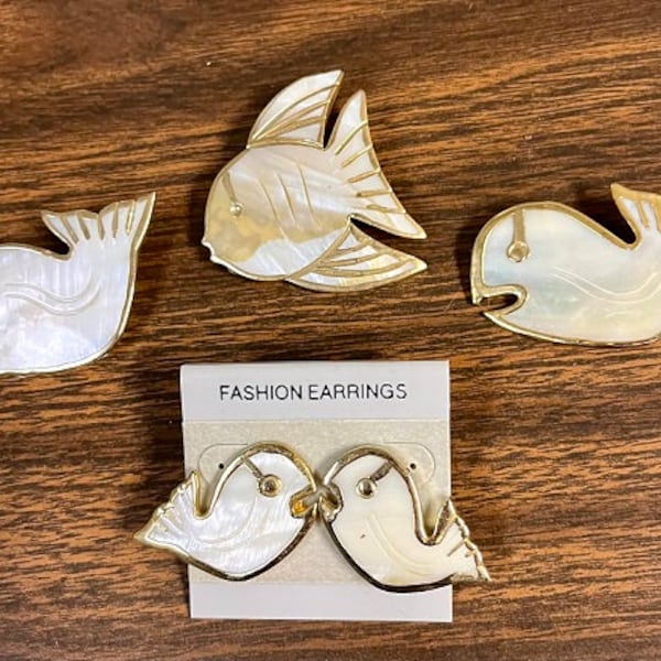 Lot of 4 Natural Mother-of-Pearl Whale and Fish Pin Earrings 24K Gold Trimmed Hand Made-80s