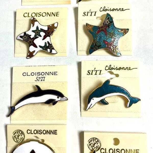 Wholesale-8 Cloisonne Sealife Animal Pins Brooch Hand Painted Exclusive 1980s Orca Dolphin Starfish Sand dollar Seal