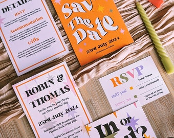 Retro, Bright & Fun Wedding Stationery Send Outs / Invites, details card and RSVP set