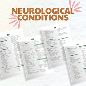 May include: A close-up of four pages of information about neurological conditions. The pages are titled TBI, SCI, MS, and PD. Each page contains text and diagrams about the condition.