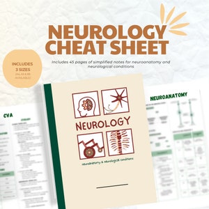 May include: A brown and cream coloured cheat sheet for neurology. The cover features a brain, a neuron, a wheelchair, and a spinal cord. The text on the cover reads "Neurology Cheat Sheet" and "Includes 45 pages of simplified notes for neuroanatomy and neurological conditions".