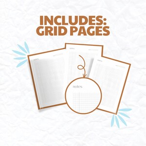 May include: Three white pages with the word "notes" at the top of each page. The pages are gridded and have a brown border. The text "INCLUDES: GRID PAGES" is at the top of the image.