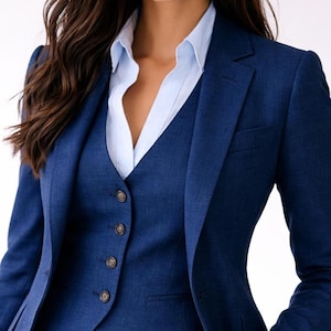 May include: A three-piece navy blue suit with a light blue collared shirt. The suit includes a blazer, vest, and trousers. The vest has four brown buttons. The blazer has a notched lapel and a two-button closure. The suit is made of a textured fabric.