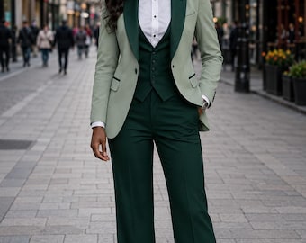 Women's 3 Piece Suit Sage Green & Emerald Green Wedding Tuxedo Minimalist Outfit