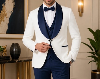 Men Ivory Tuxedo 3 Piece Suit Slim Fit Wedding Suit Groom Wear Ivory & Blue 3 Piece Tuxedo | Luxury Groom Wedding Formal Suit