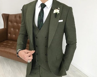 オリーブグリーンコットンブレンドスーツ：メンズスリムフィット2