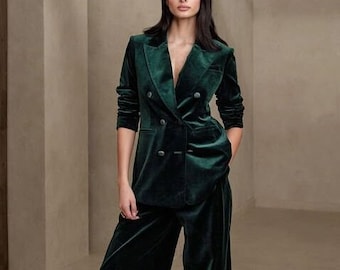 Women's Green Velvet Double Breasted 2 Piece Suits for Wedding, Palazzo Pants, Dinner Suits