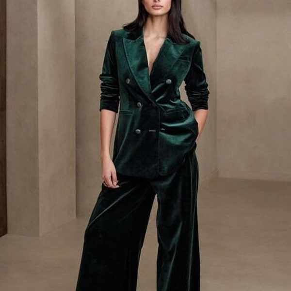 Women's Green Velvet Double Breasted 2 Piece Suits for Wedding, Palazzo Pants, Dinner Suits