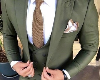 Men’s Olive Green 3 Piece Suit – Slim Fit Wedding and Formal Wear