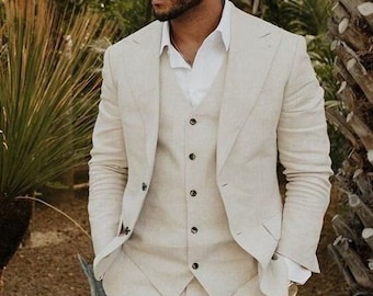Men's 3-Piece Linen Suit: Wedding, Groom, Beach Formal Wear