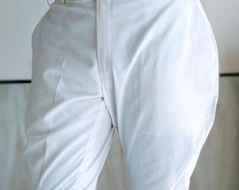White Cotton Renaissance Medieval Pants - Cotton Pirate Pants with High Waist, Button Front, Viking Cosplay Trousers, Equestrian Style