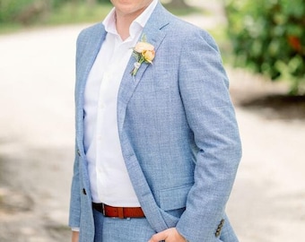 Herrenanzug Slim Fit Klassischer dreiteiliger blauer Leinen Herrenanzug für Hochzeit, Verlobung, Jahrestag, Abschlussball, Bräutigam tragen und GroomsMan Anzug