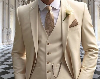Beige Men's Wedding Suit: Custom Three Piece Elegant Tuxedo