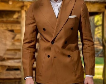 Mens Double Breasted Linen Suit 2-Piece Wedding Groomsmen Suit Summer Outfit for Weddings