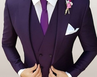 Traje de esmoquin de 3 piezas para hombre, color morado, corte ajustado. Incluye blazer, chaleco y pantalón con solapa de pico.