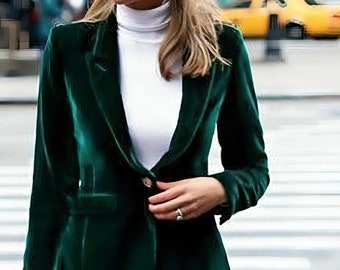 Women's Blazer, Classic Tailored Jacket, Professional Office Wear, Business Fashion, Elegant Work, Chic Blazer for Women, Green Velvet Coat