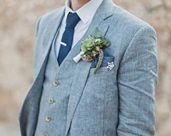 Men 3 Piece Suit Wedding Tuxedo Blue Linen Suits Beach Wedding Outfit