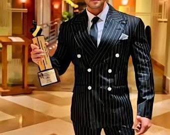 Traje personalizado premium de raya diplomática negra para hombre, ideal para bodas, compromisos, graduaciones, fiestas, invierno, ropa de novio y trajes de novio.