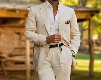 Men Linen Suit 2 Piece Wedding Suit | Old Money Groom Wear | Groomsmen Dinner Suit | Summer Formal Outfit