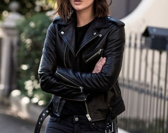 Women’s Black Leather Biker Jacket with Gold Zippers, Handmade Original Sheepskin Leather