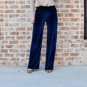 Women's Blue Velvet Flare Palazzo Pants image 1