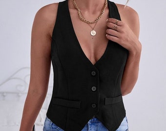 Women's Sleeveless Black Vest: England Style Party Top