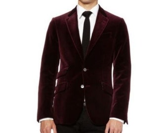 メンズ ダブルブレスト ベルベット ブレザー バーガンディ ベルベット