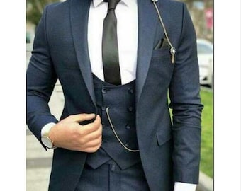Men Suits for Wedding Groom Wear Navy Blue 3-Piece Suit Slim Fit Tuxedo Suit Summer Wedding Suit